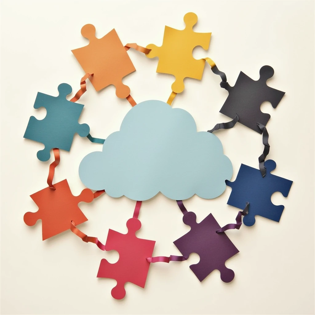 depicts a cloud surrounded by puzzle pieces, symbolizing the connection between different elements or ideas. The purpose of this visual representation is to illustrate how various components can be linked together to form a cohesive whole.