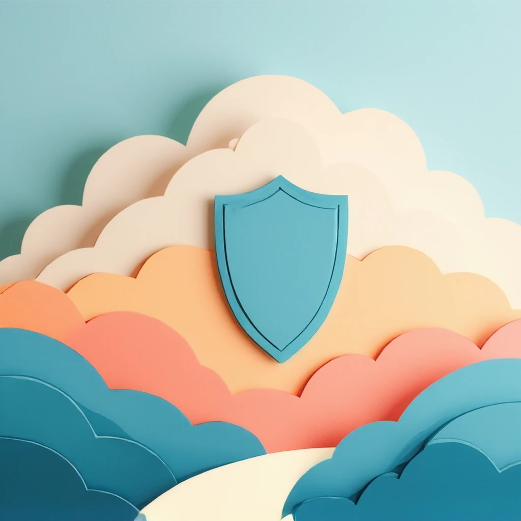 depicts a stylized illustration of a shield, set against a backdrop of clouds. The shield is positioned in the center of the image and features a light blue color with a darker blue outline.