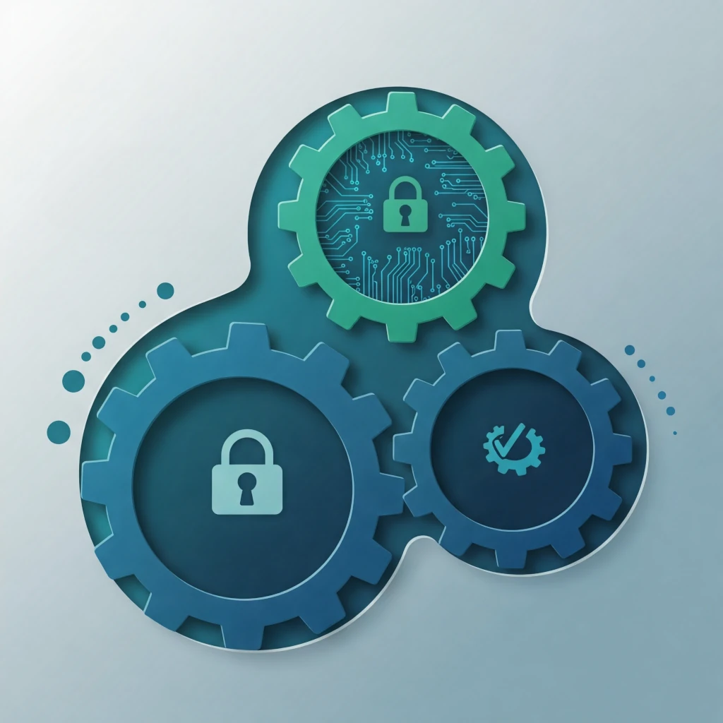 graphic representation of three interconnected gears, each featuring a distinct lock icon within its center. The gears are arranged in a triangular formation, with one gear positioned at the top and two below it.