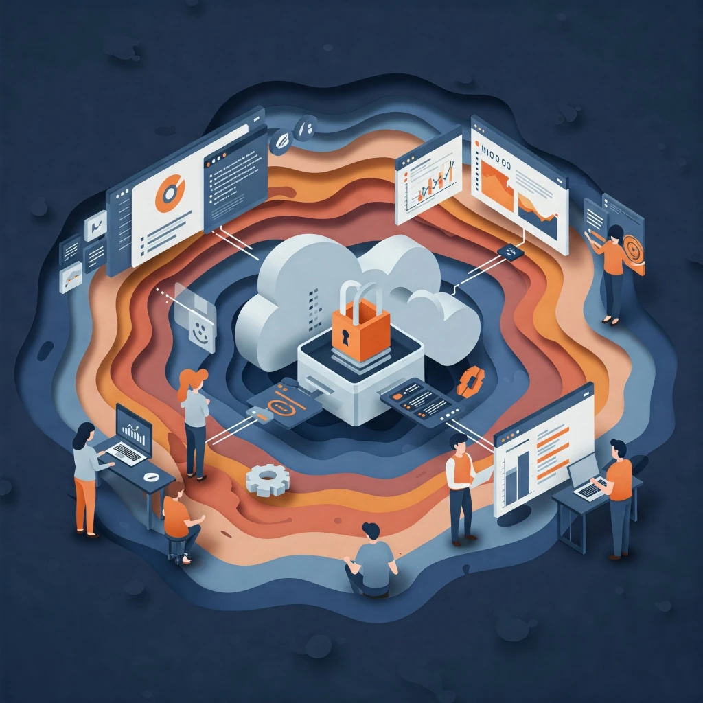 a vibrant, abstract illustration of various computer-related elements in shades of blue and orange. At the center of the image is a large white cloud with an orange padlock on top, surrounded by several smaller graphics.