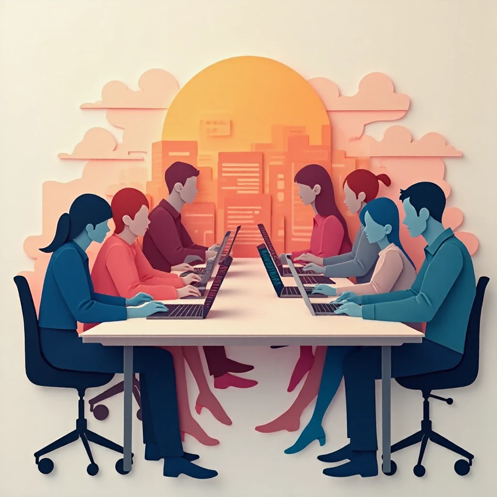 a 3D graphic of a group of people working together on laptops, set against a light blue background.