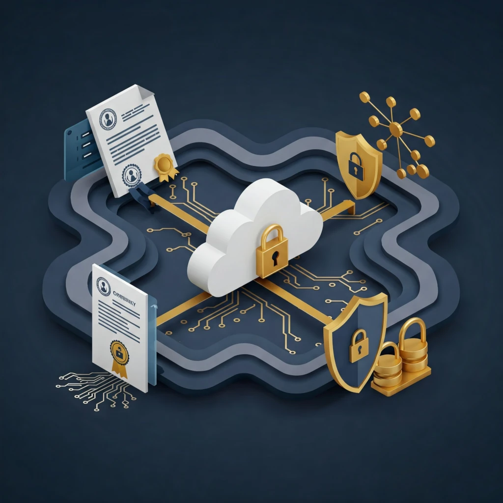 D graphic representation of a network of interconnected devices, with a central hub featuring policies and shields with padlocks. This represents cyber security policy being applied to cloud.
