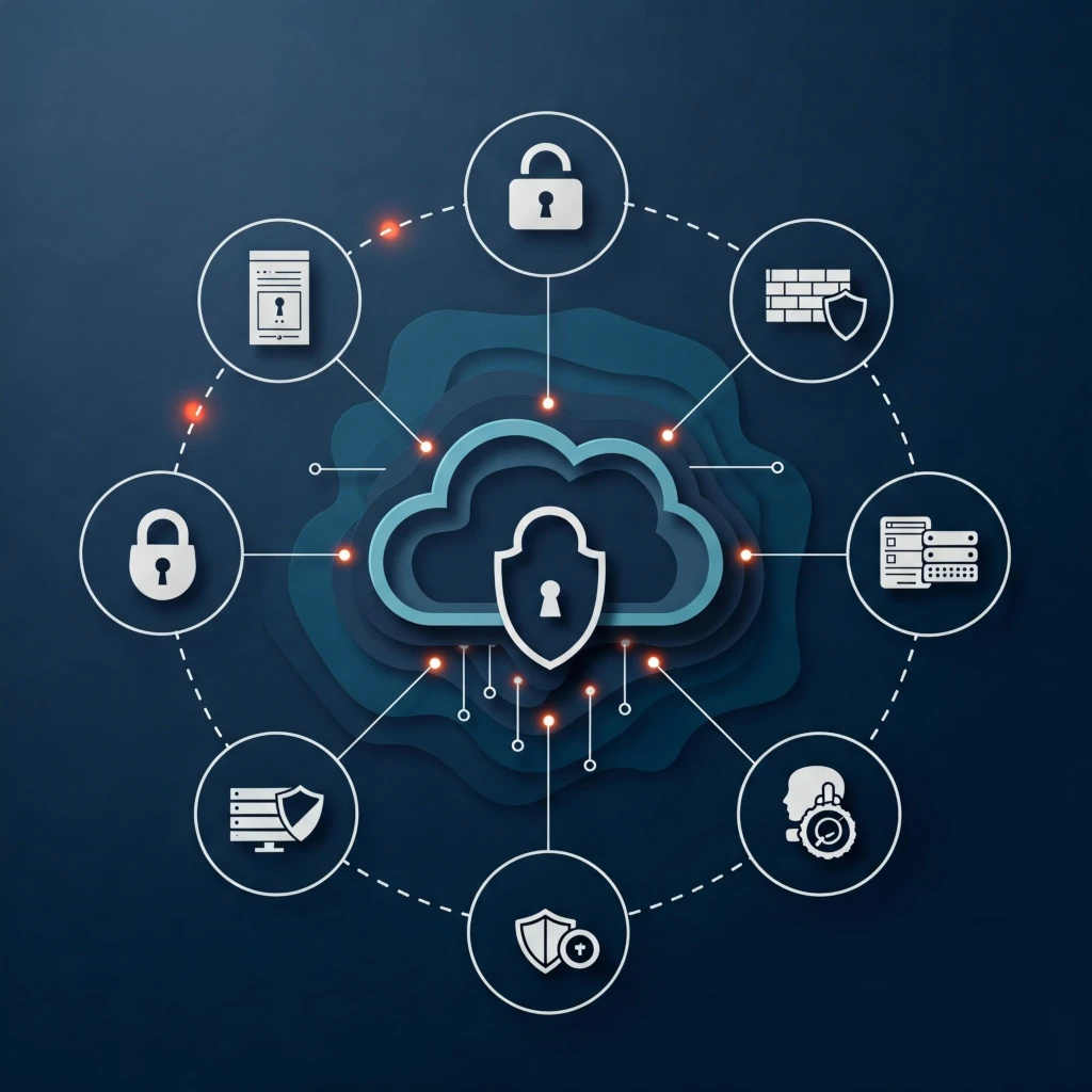 3D graphic representation of cybersecurity, with a cloud featuring various security-related icons representing different aspects of protection and safety. it represents the Australian government essential 8.