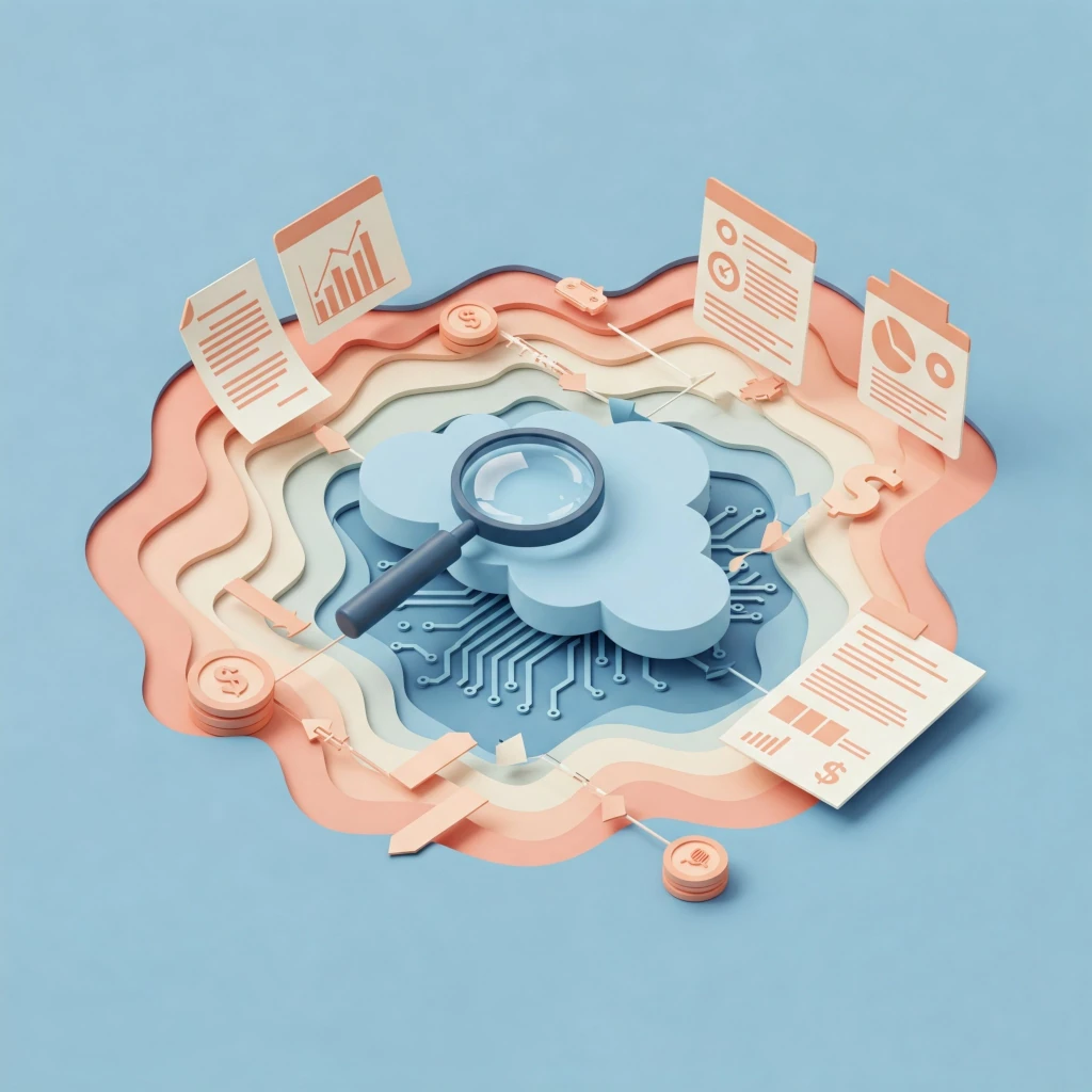 he image is a 3D graphic representation of examination or investigation, with a magnifying glass hovering over a cloud representing financial data or information being examined.