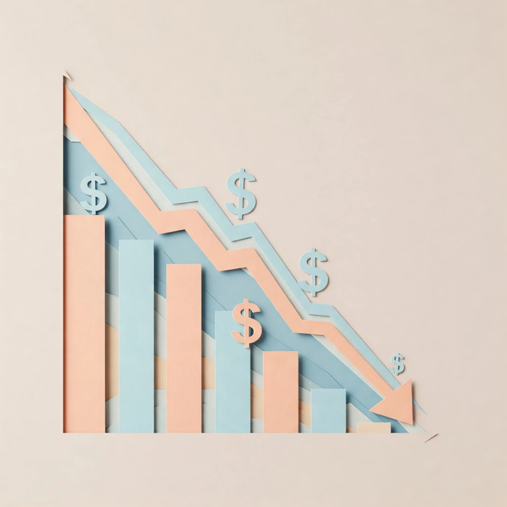 he image is a 3D graphic representation of a declining trend, with a downward-pointing arrow and a bar graph showing data or values being measured. 