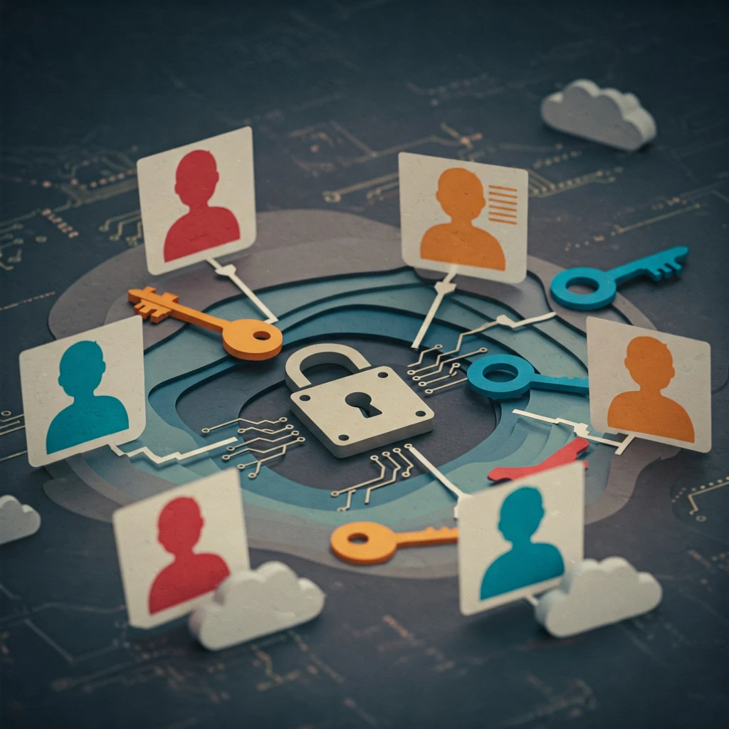 the image is a 3D graphic representation of a lock surrounded by various icons and symbols, representing security, protection, or privacy in a digital context.