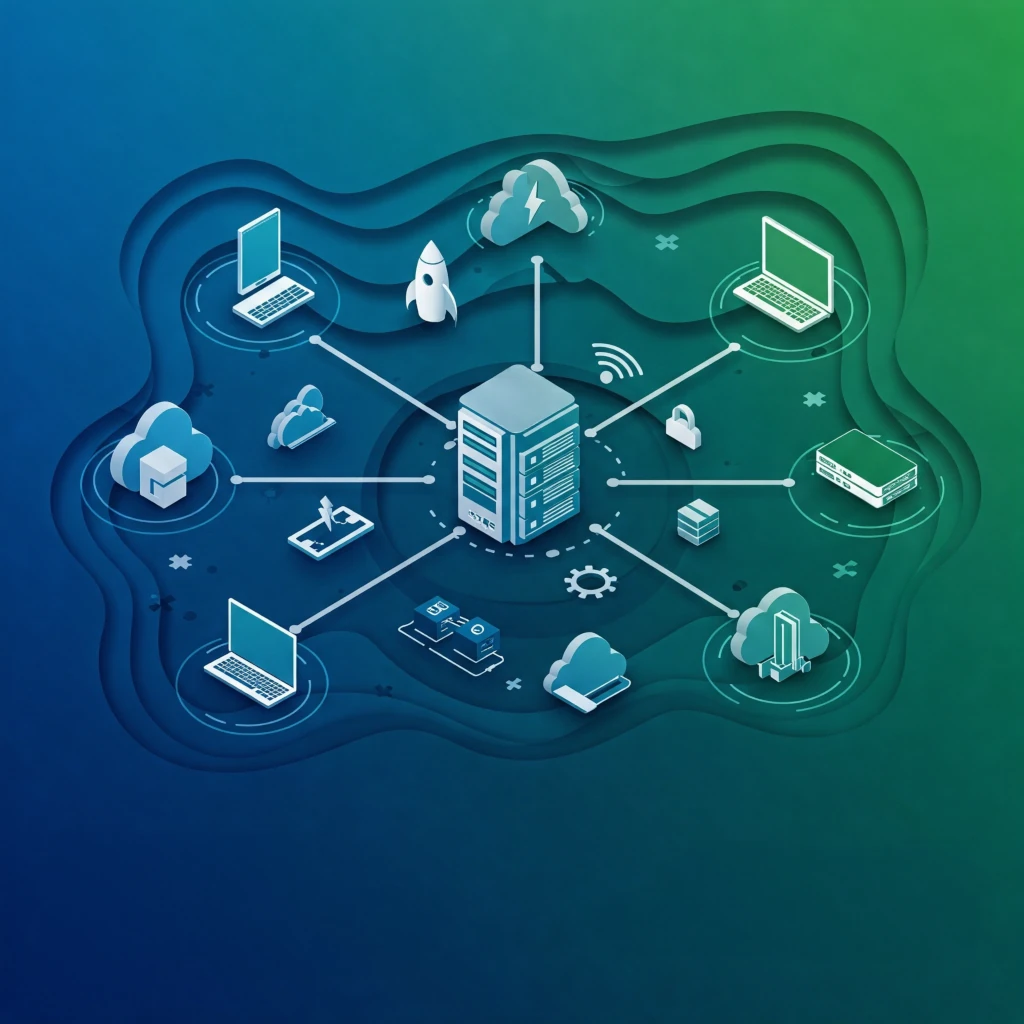  the image is a 3D graphic representation of a network of interconnected devices, with a central hub and various icons and symbols that represent different aspects of technology and innovation.