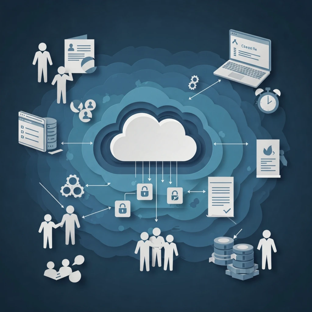 a 3D graphic of a cloud with various icons and symbols surrounding it, set against a light blue background. The purpose of the image appears to be to represent data security or protection.