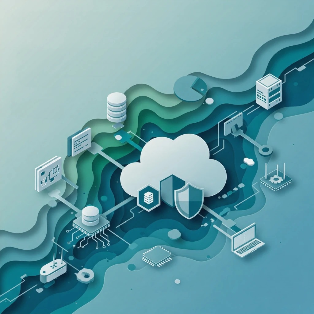 the image is a visual representation of data security or protection, using a cloud as the central element and surrounding it with icons and symbols that suggest safety and integrity.