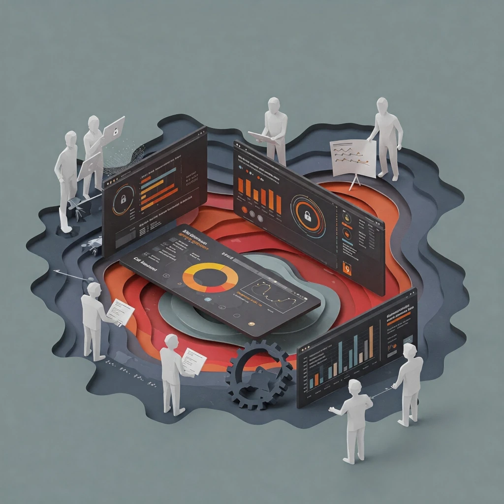 a 3D graphic of a circular shape, resembling a topographic map or an island, with various screens and graphics displayed on it. The image is divided into two main sections: the foreground and background.