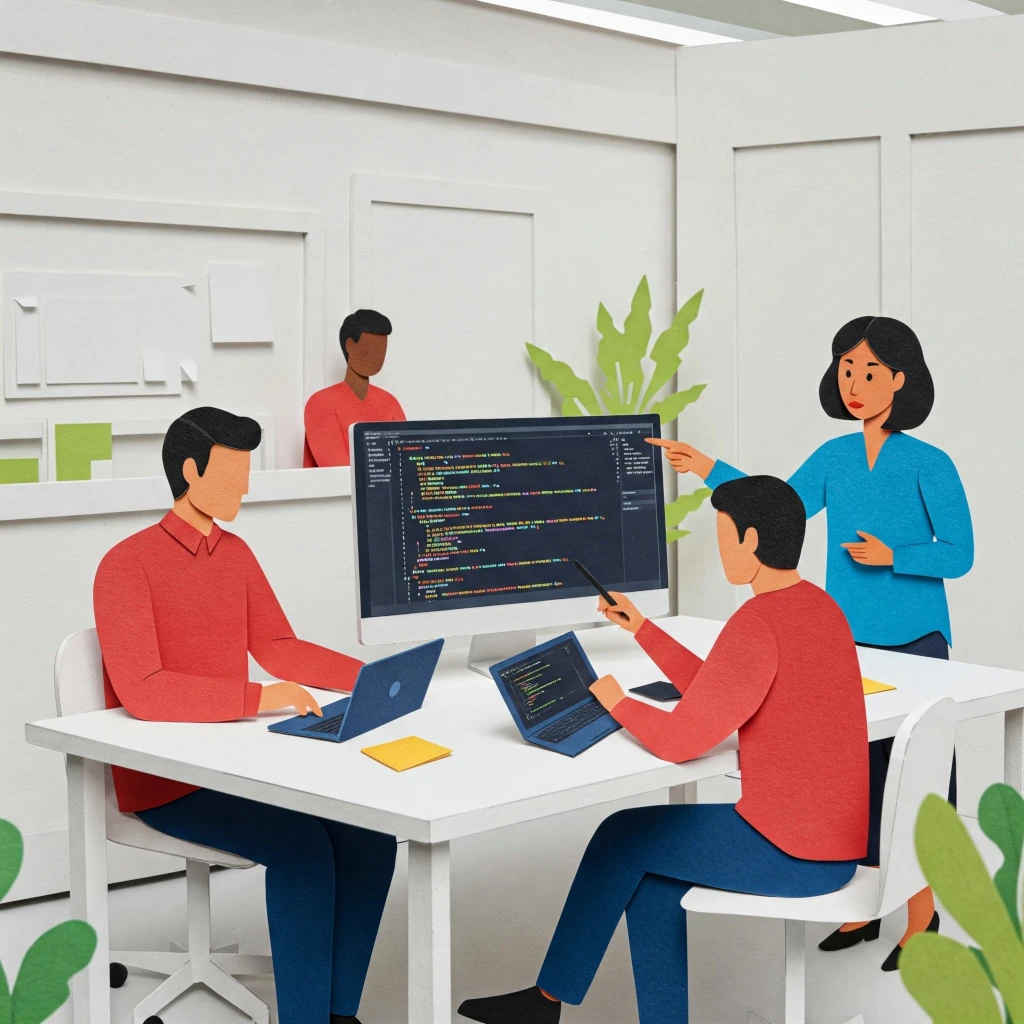 four workers looking at screen with code on it papercut style