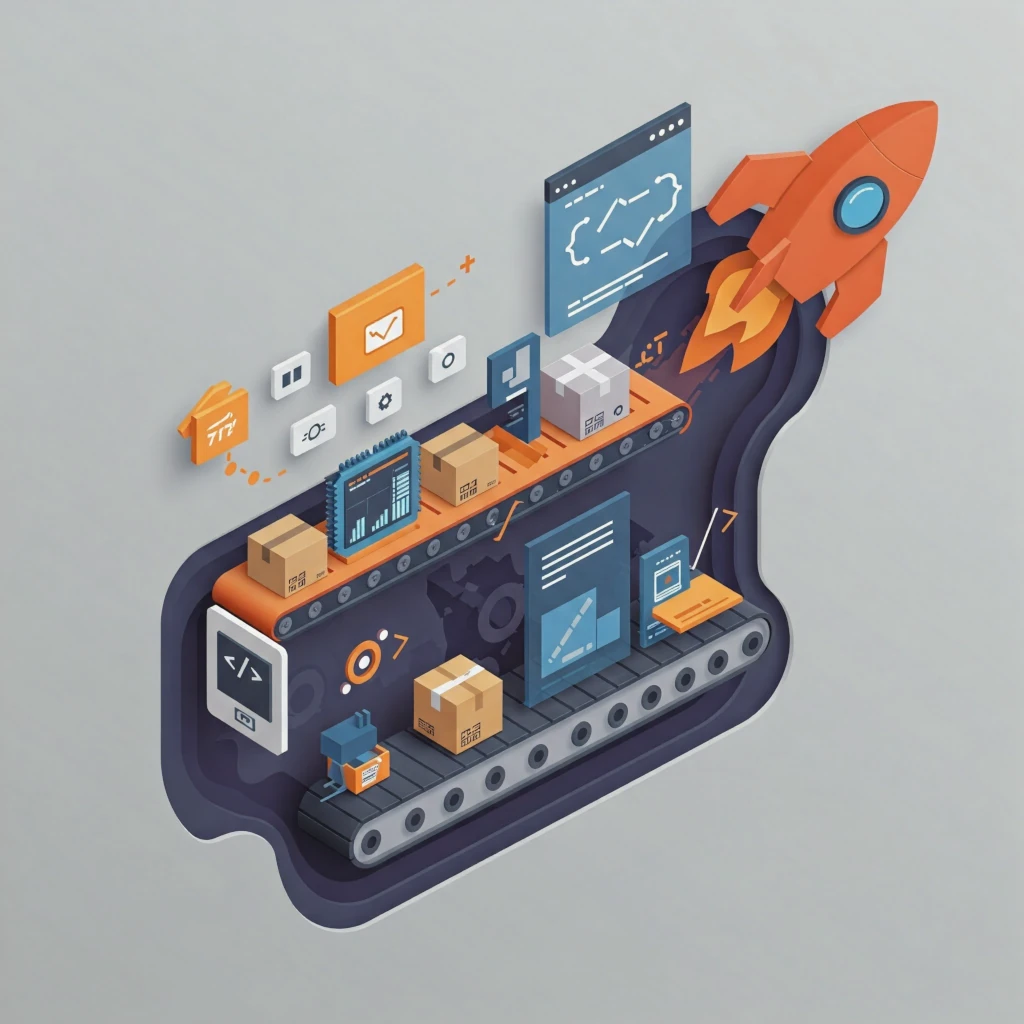 a picture of an assembly line deploying package into a rocket papercut style