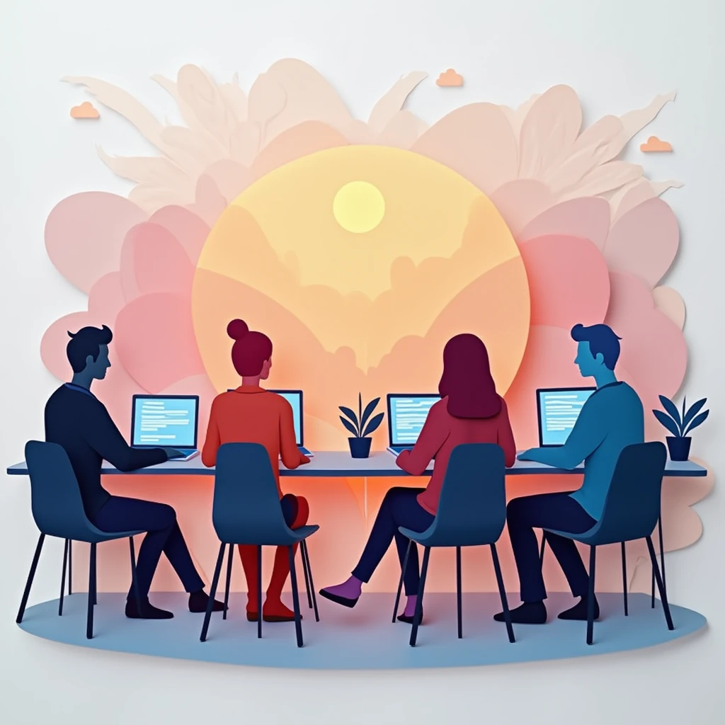 four people sitting at desks working together, cloud with sunset in background papercut style.