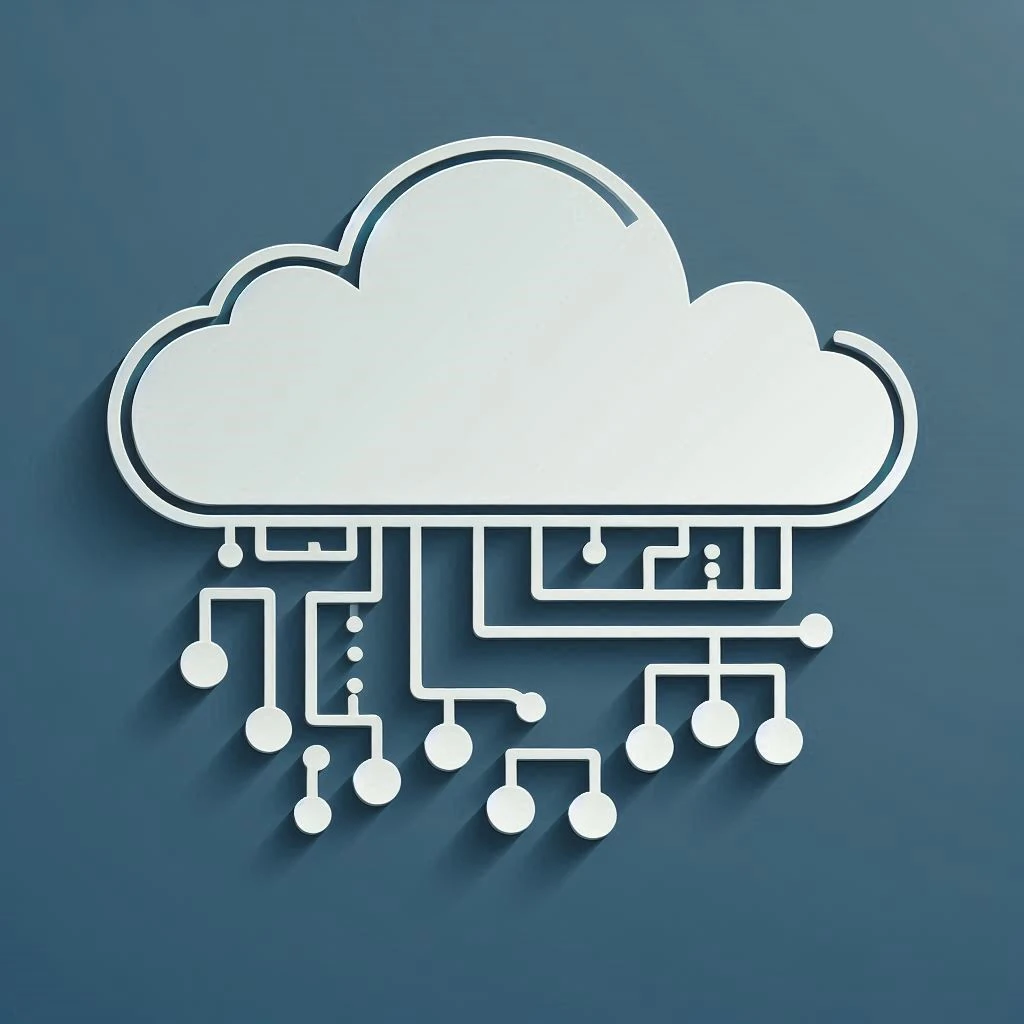 a 3D graphic of a cloud with various icons and symbols surrounding it, set against a light blue background.