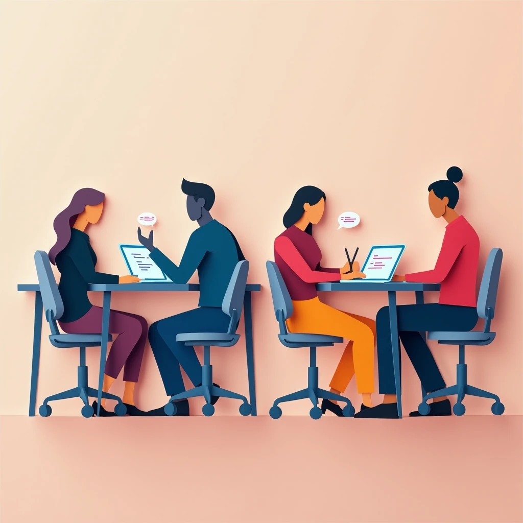 four people sitting at desks working together papercut style