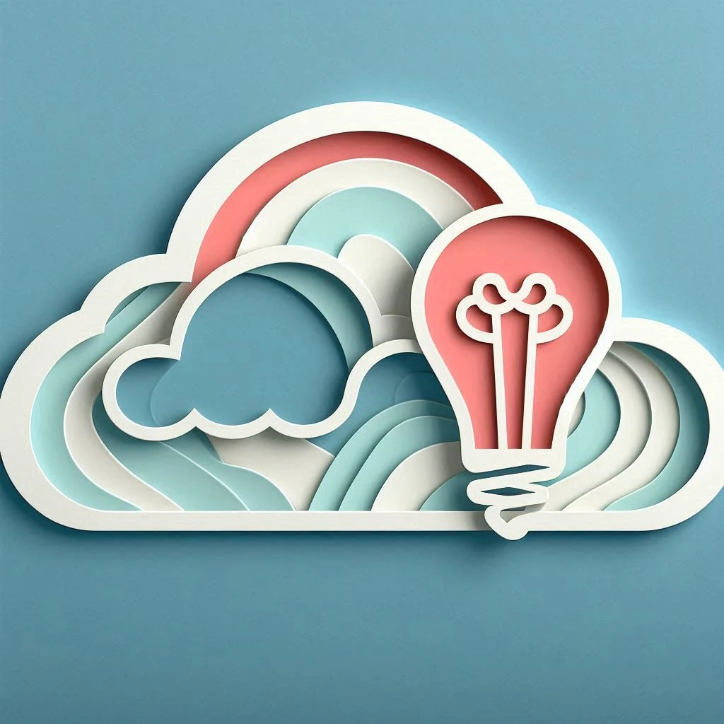 a 3D graphic of a lightbulb with a rainbow-colored background and a blue circle in the center. The purpose of the image is to represent an idea or inspiration.