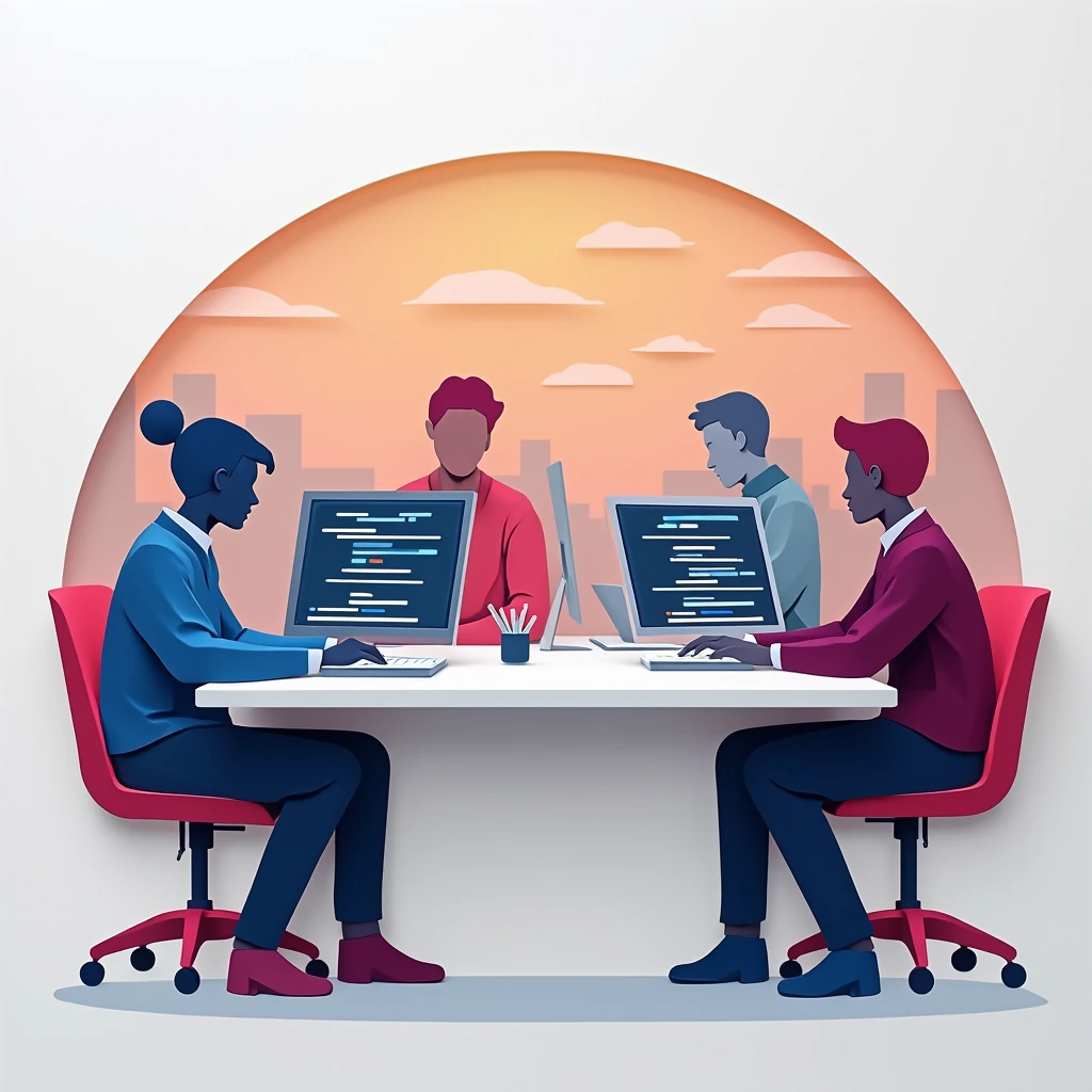 four office workers writing code