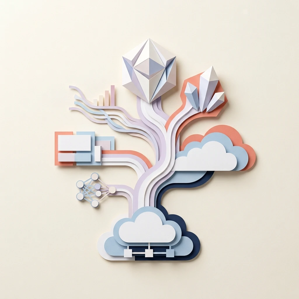 Paper-cut illustration showing Larrison's evolution from cloud foundations to multidisciplinary digital delivery