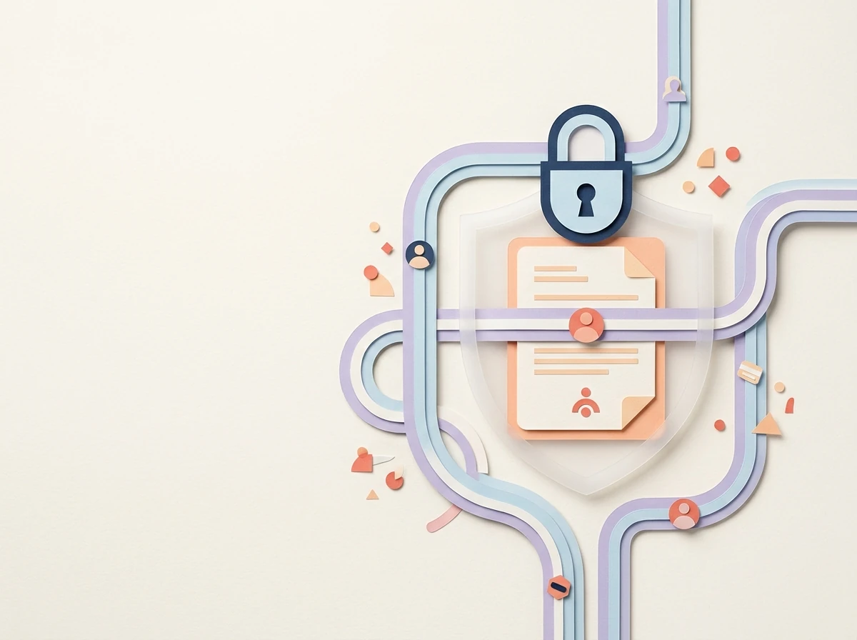 Layered illustration of a protected personal document and secure data pathways