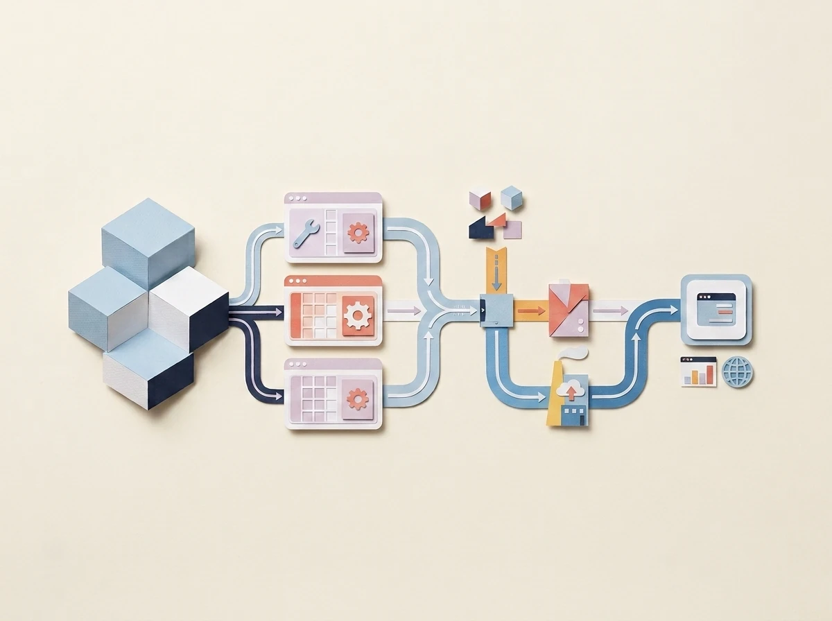 Paper-cut illustration of structured cloud workspaces connected to shared delivery foundations